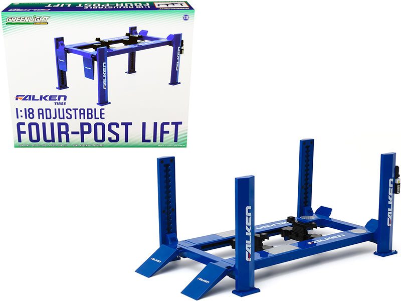 Adjustable Four Post Lift Blue Diecast Model Automotive Lift Falken Tires