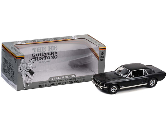 Brand new 1/18 scale diecast car model of 1968 Ford Mustang Coupe Stealth Black He Country Special - Bill Goodro Ford, Denver, Colorado die 