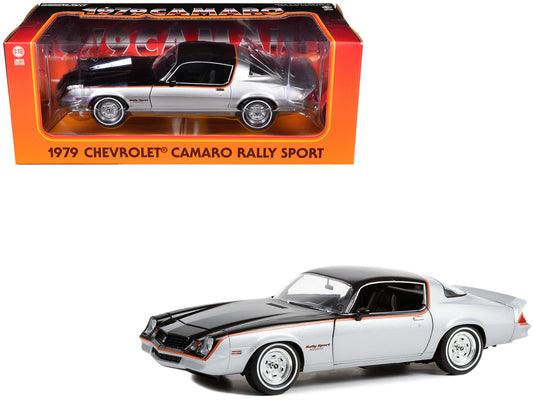 Brand new 1/18 scale diecast car model of 1979 Chevrolet Camaro Rally Sport Silver Metallic and Black with Red Stripes d