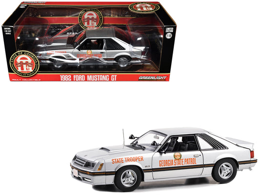 Brand new 1/18 scale diecast car model of 1982 Ford Mustang SSP Silver Metallic "Georgia State Patrol State Trooper" die