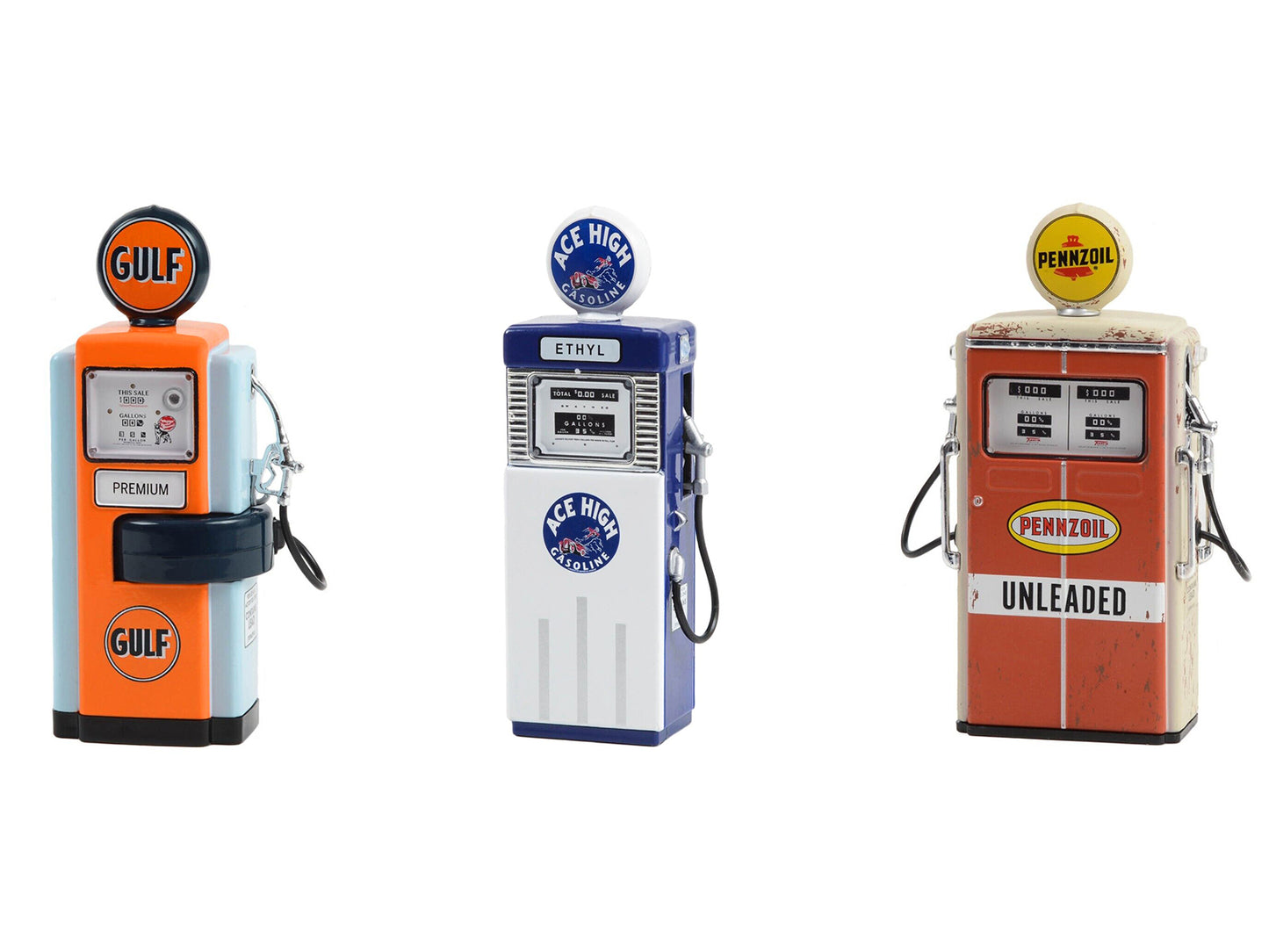 Brand new 1/18 scale diecast replica of "Vintage Gas Pump" Set of 3 Pumps Series 14 die cast models by Greenlight. 
 Limited editio