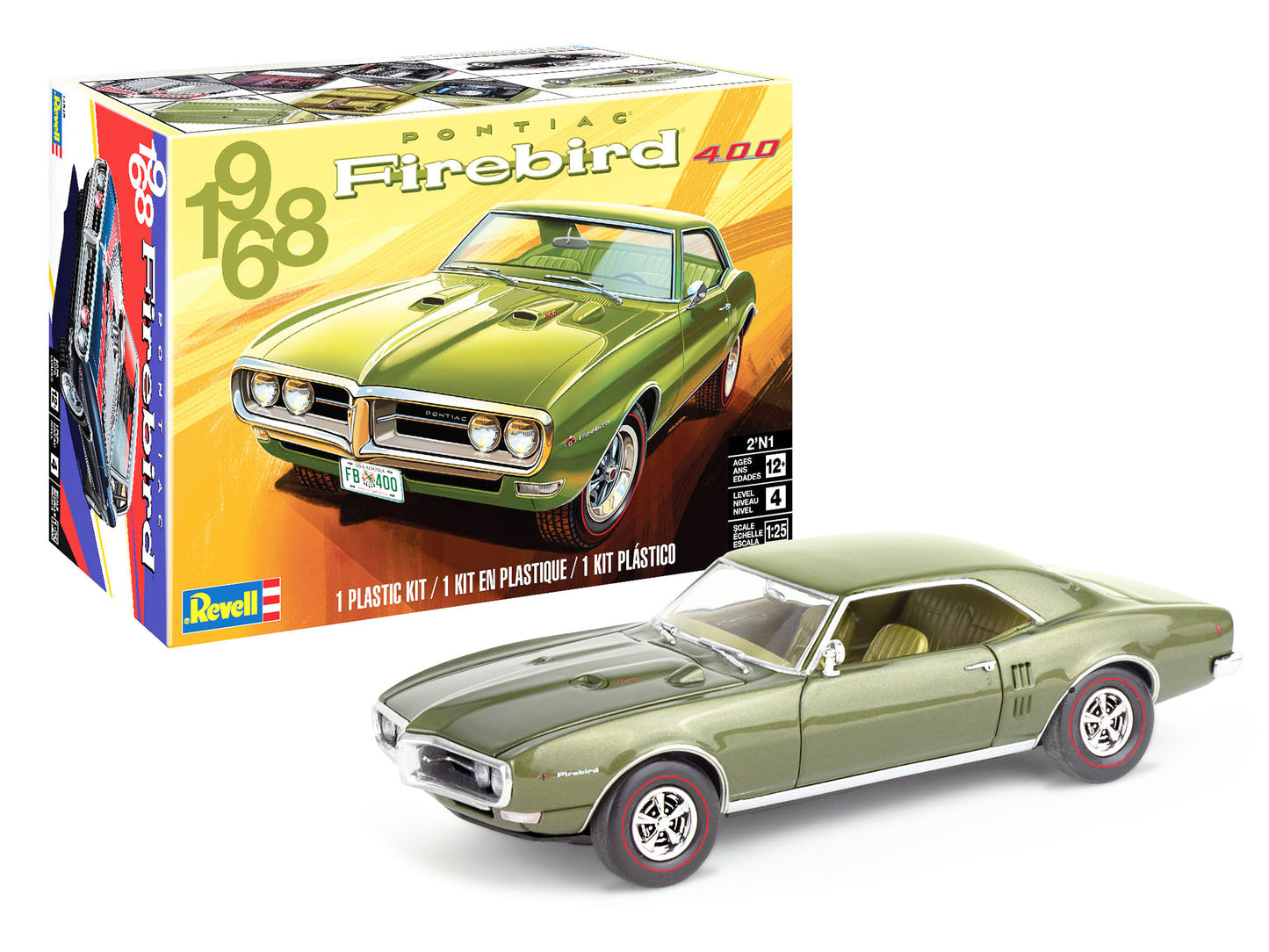 A green 1968 Pontiac Firebird plastic model car kit in a brand new box