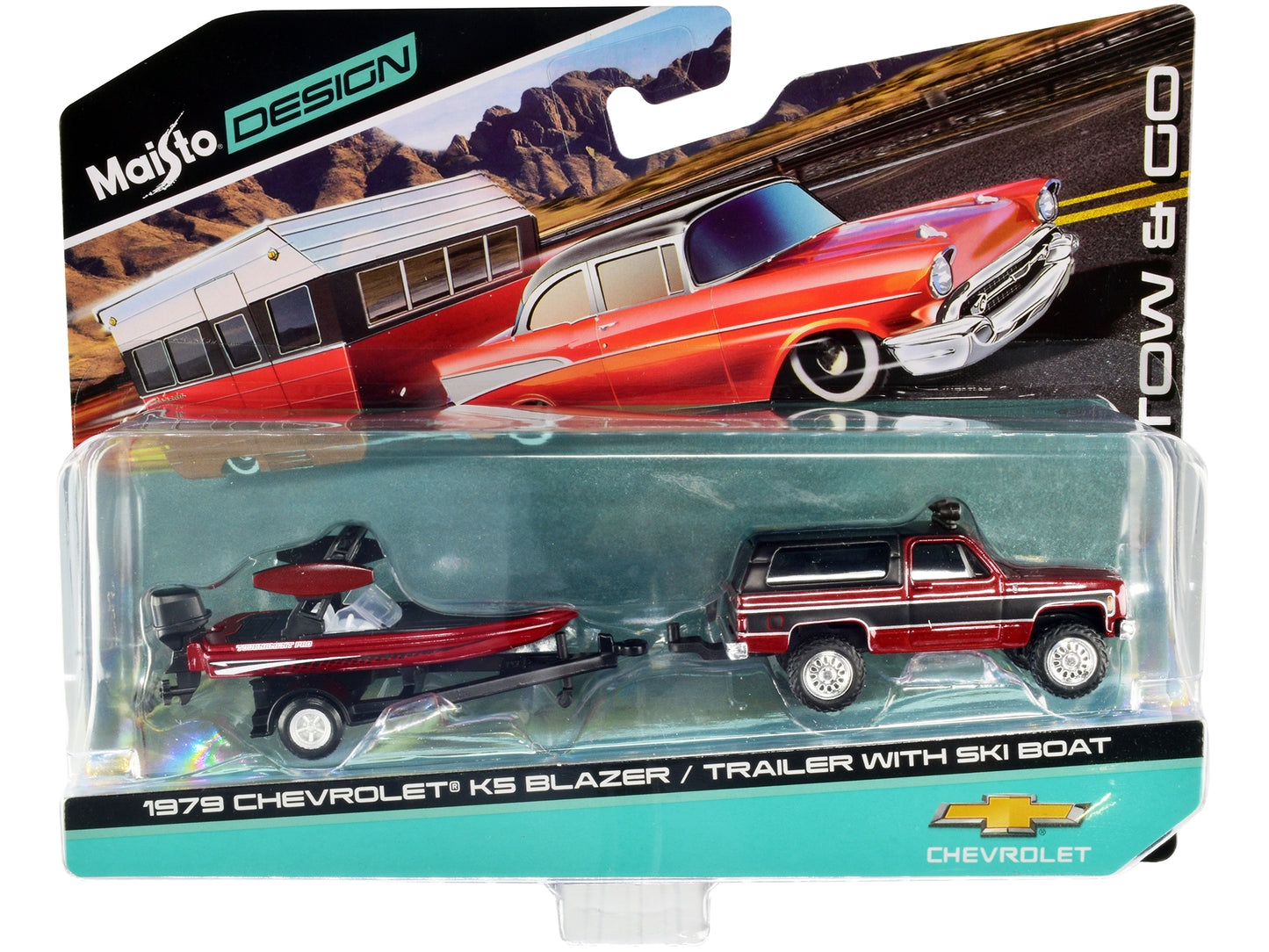 Brand new 1/64 scale diecast models of 1979 Chevrolet K5 Blazer Red Metallic and Matt Black and Ski Boat Red Metallic and Matt Black with Tr