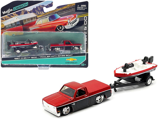 Brand new 1/64 scale diecast car model of 1987 Chevrolet 1500 Pickup Truck Candy Red and Black and Bass Boat with Trailer Red and Black Tow 