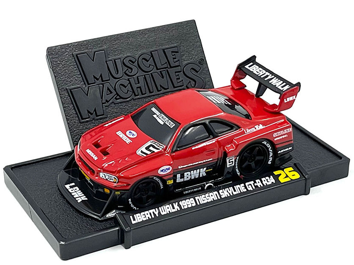 Brand new 1/64 scale diecast car model of 1999 Nissan Skyline GT-R R34 #5 Liberty Walk Red and Black die cast model car by Muscle Machines.
