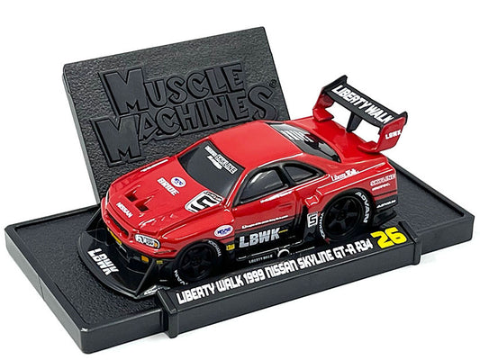 Brand new 1/64 scale diecast car model of 1999 Nissan Skyline GT-R R34 #5 Liberty Walk Red and Black die cast model car by Muscle Machines.