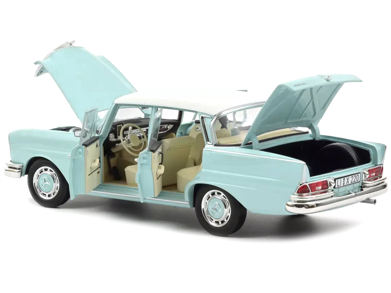 Brand new 1/18 scale diecast car model of 1965 Mercedes-Benz 220 S Light Blue with White Top die cast model car by Norev.
Brand new box.
R