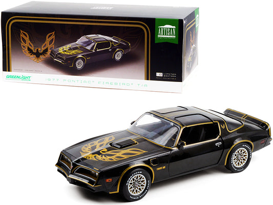 Brand new 1/18 scale diecast car model of 1977 Pontiac Firebird T/A Trans Am Starlite Black with Golden Eagle Hood Bird die cast model car b