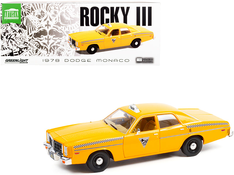 Brand new 1/18 scale diecast car model of 1978 Dodge Monaco Taxi City Cab Co. Yellow Rocky III 1982 Movie die cast model car by Greenlight.
