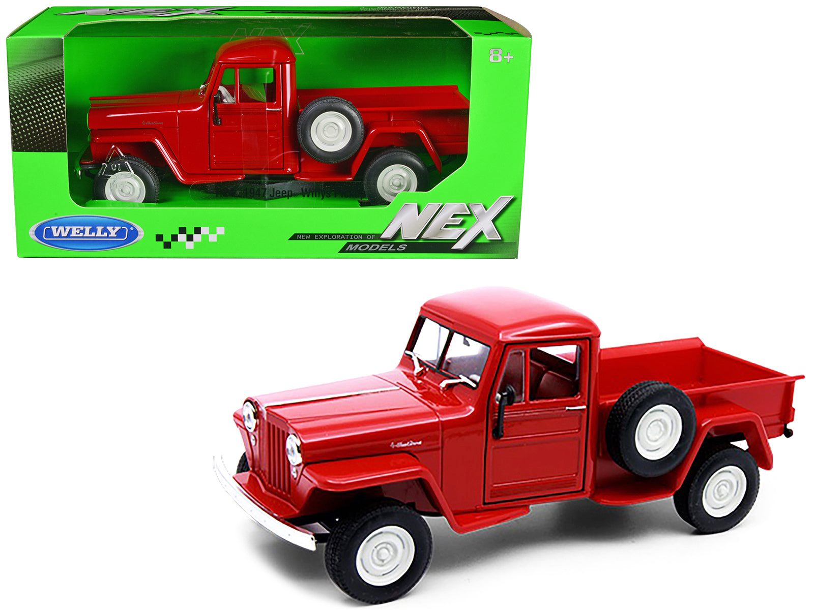 Brand new 1/24 scale diecast car model of 1947 Jeep Willys Pickup Truck Red NEX Models Series die cast model car by Welly.
Brand new box.
