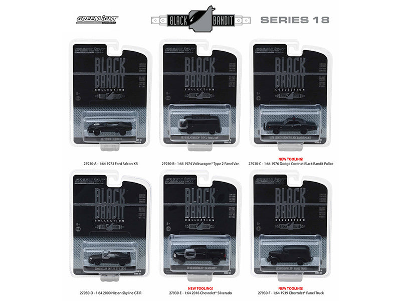 Brand new 1:64 scale diecast model car of Black Bandit Series 18, 6pc set die cast model cars by Greenlight.
Brand New Box.
Has Rubber Tir