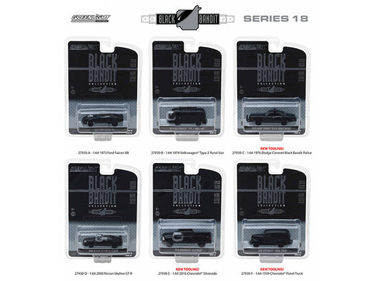 Brand new 1:64 scale diecast model car of Black Bandit Series 18, 6pc set die cast model cars by Greenlight.
Brand New Box.
Has Rubber Tir