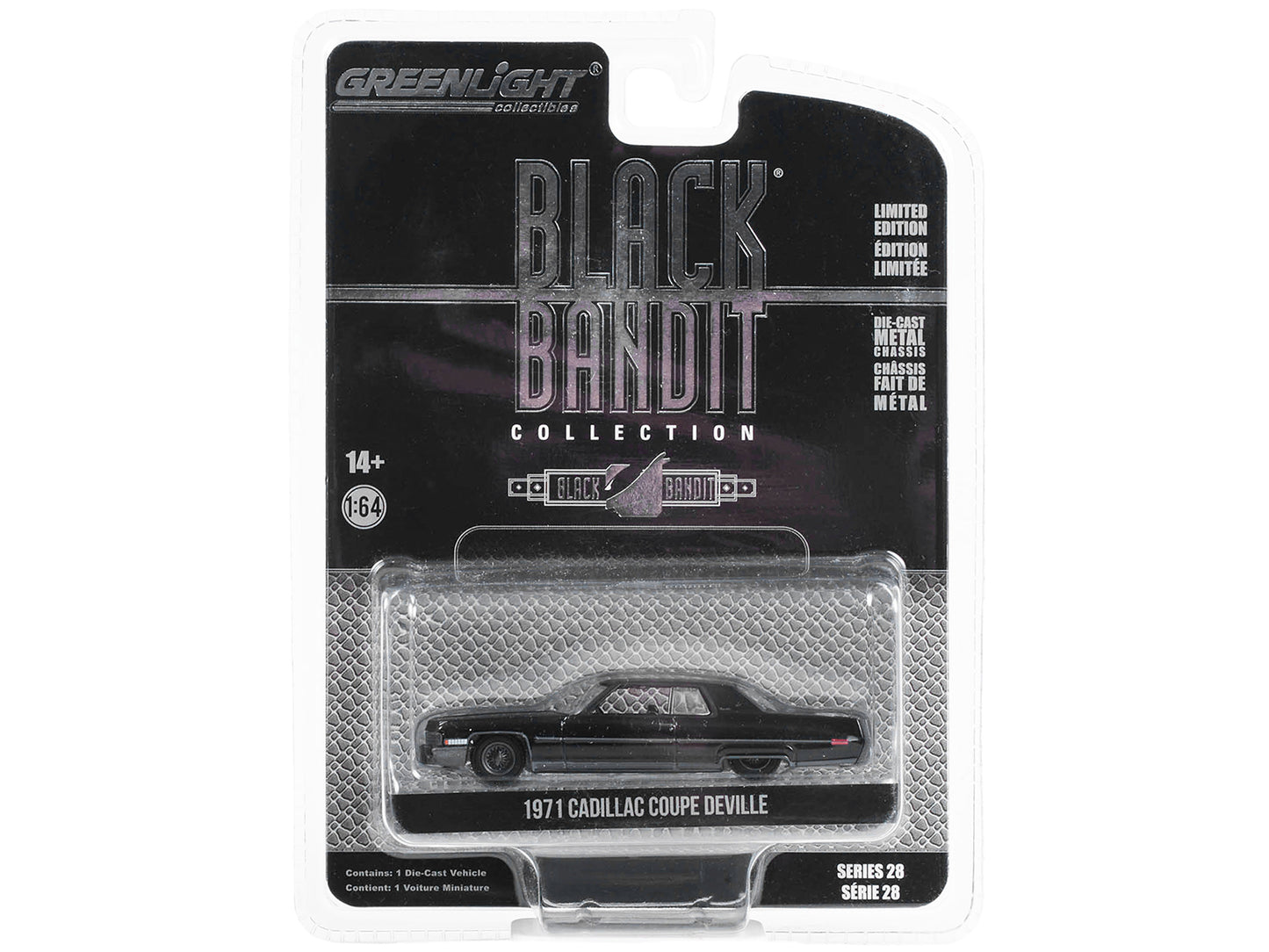 Brand new 1/64 scale diecast car model of 1971 Cadillac Coupe deVille Lowrider Black Black Bandit Series 28 die cast model car by Greenlight