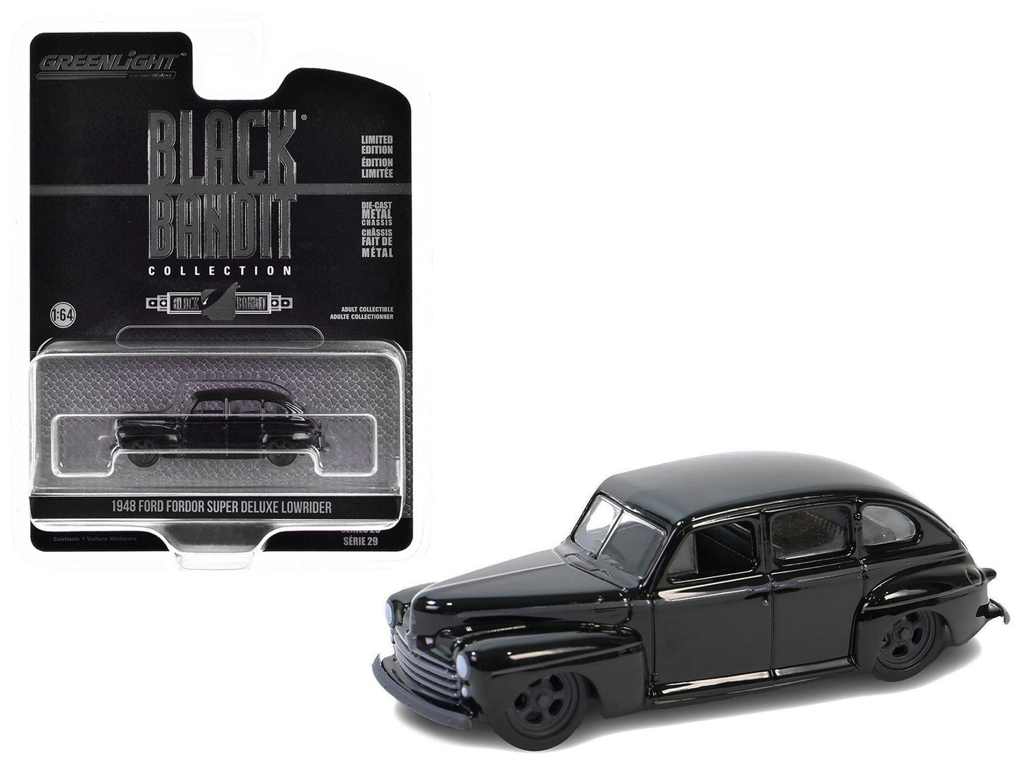 Brand new 1/64 scale diecast car model of 1948 Ford Fordor Super Deluxe Lowrider Black "Black Bandit" Series 29 die cast
