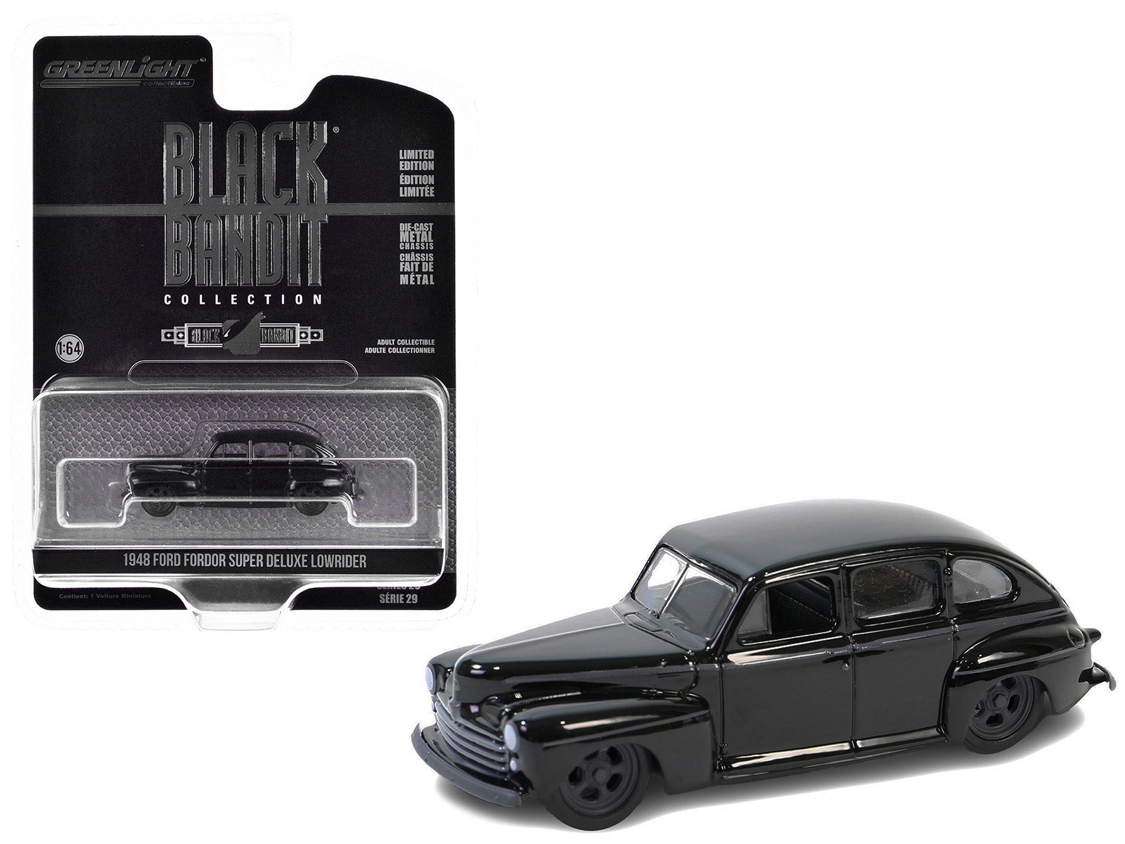 Brand new 1/64 scale diecast car model of 1948 Ford Fordor Super Deluxe Lowrider Black "Black Bandit" Series 29 die cast