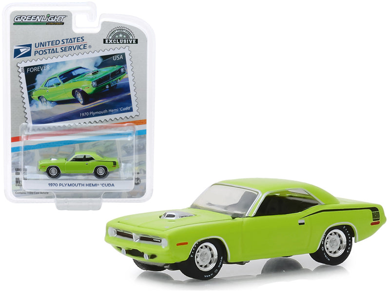 Brand new 1/64 scale diecast car model of 1970 Plymouth HEMI 'Cuda Lime Green USPS Stamps 2013 United States Postal Service America on the M