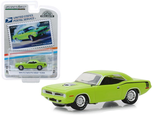 Brand new 1/64 scale diecast car model of 1970 Plymouth HEMI 'Cuda Lime Green USPS Stamps 2013 United States Postal Service America on the M