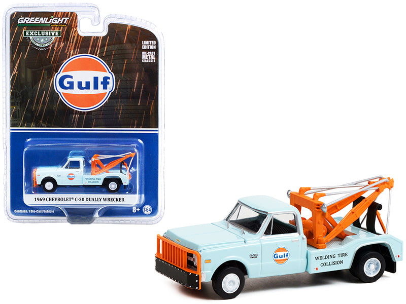 Brand new 1/64 scale diecast car model of 1969 Chevrolet C-30 Dually Wrecker Tow Truck Gulf Oil Light Blue Welding Tire Collision Hobby Excl