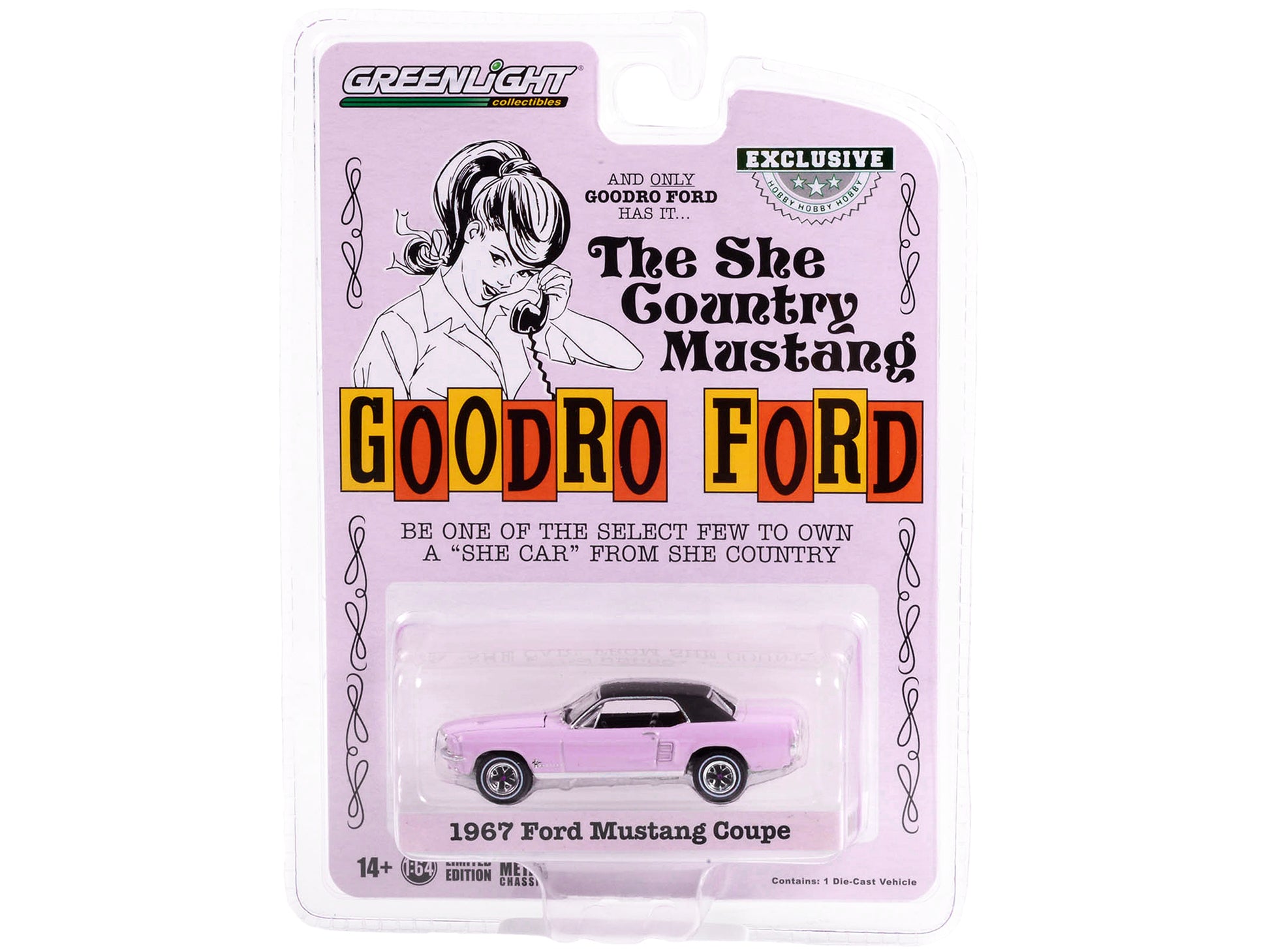 Brand new 1/64 scale diecast car model of 1967 Ford Mustang Evening Orchid Pink with Black Top She Country Special Bill Goodro Ford, Denver,
