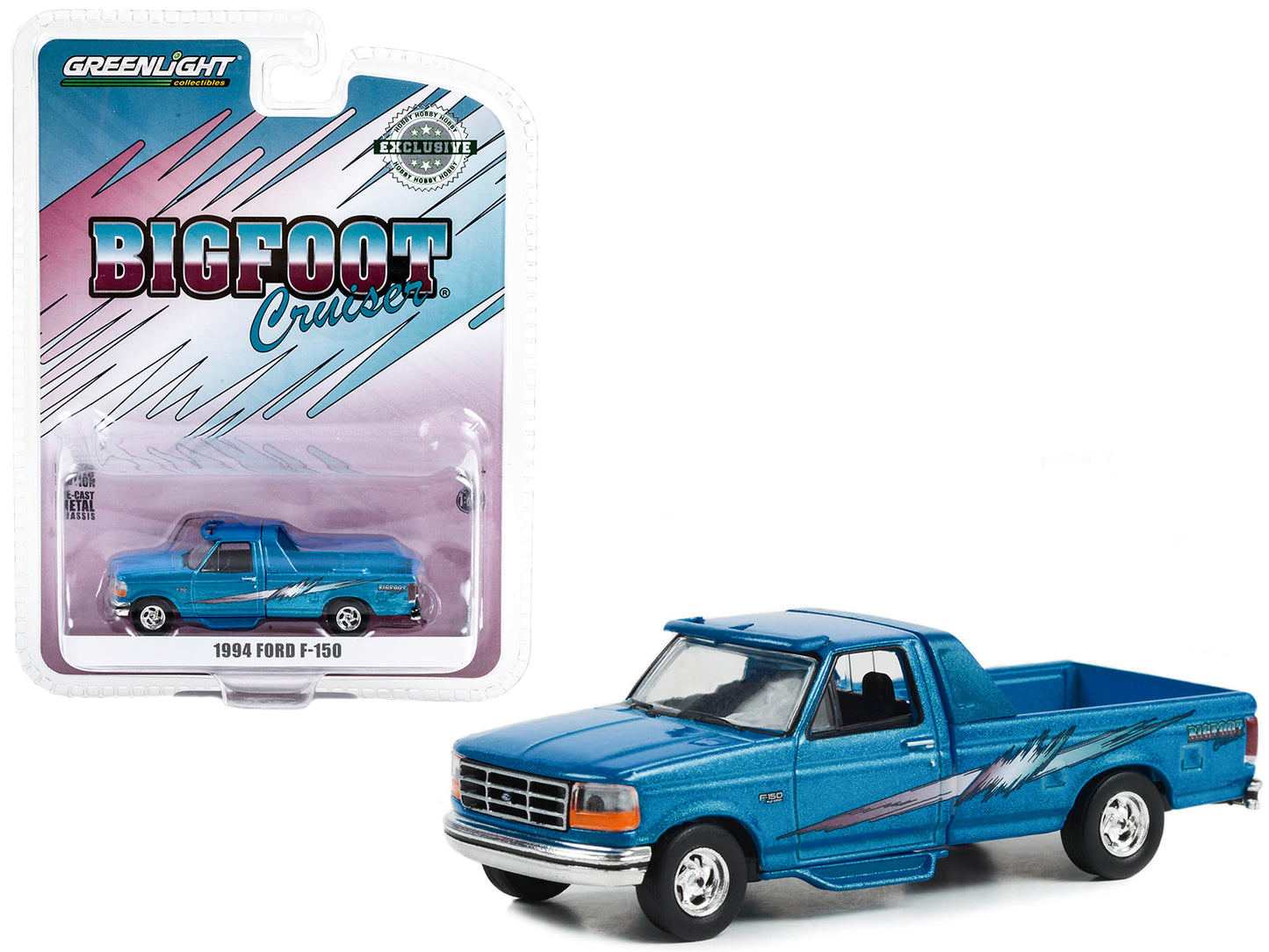 Brand new 1/64 scale diecast car model of 1994 Ford F-150 Pickup Truck Bigfoot Cruiser Blue Metallic with Graphics Hobby Exclusive Series di
