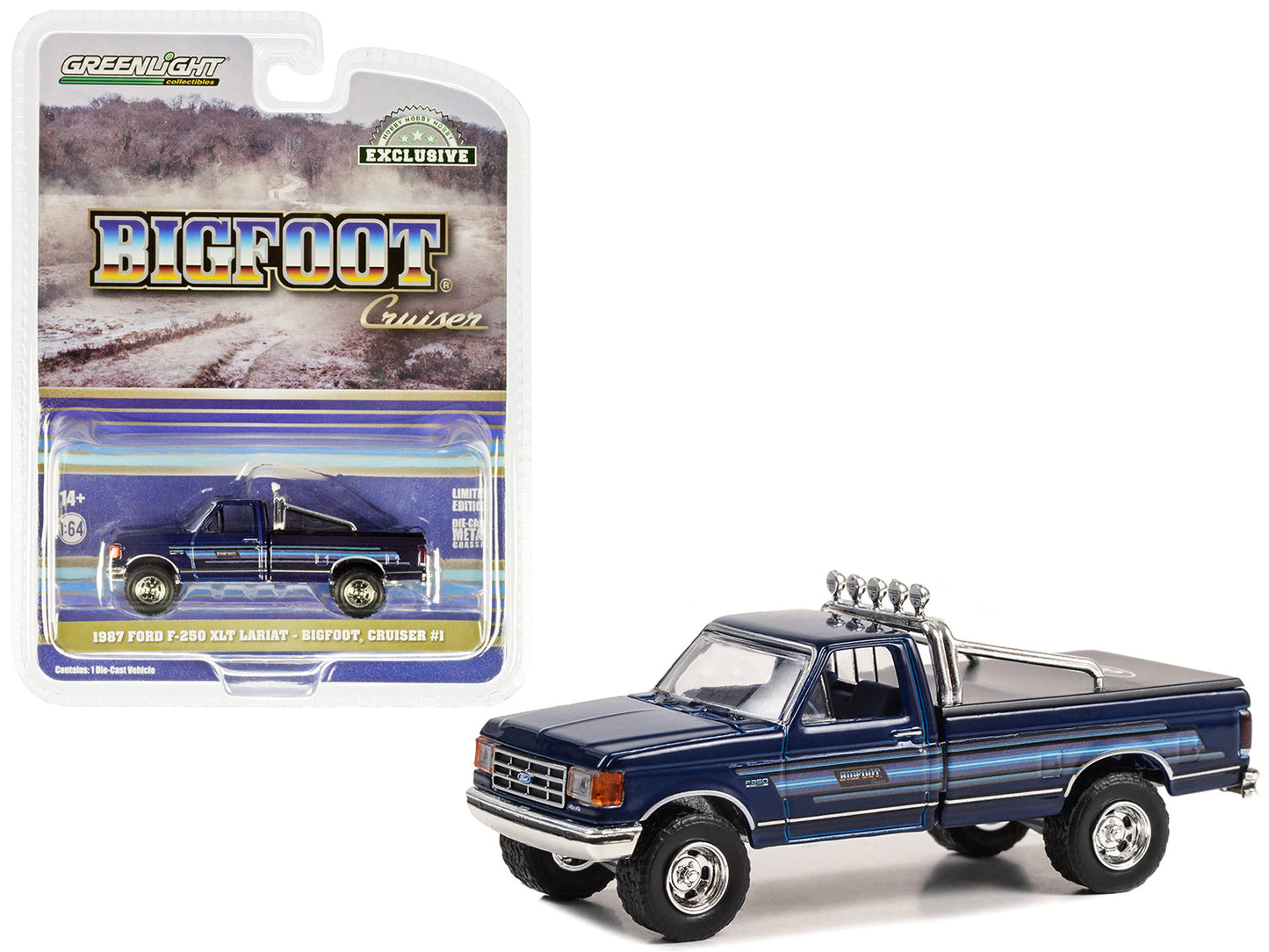 Brand new 1/64 scale diecast car model of 1987 Ford F-250 XLT Lariat Pickup Truck Blue with Stripes and Blue Interior Bigfoot Cruiser #1 Hob