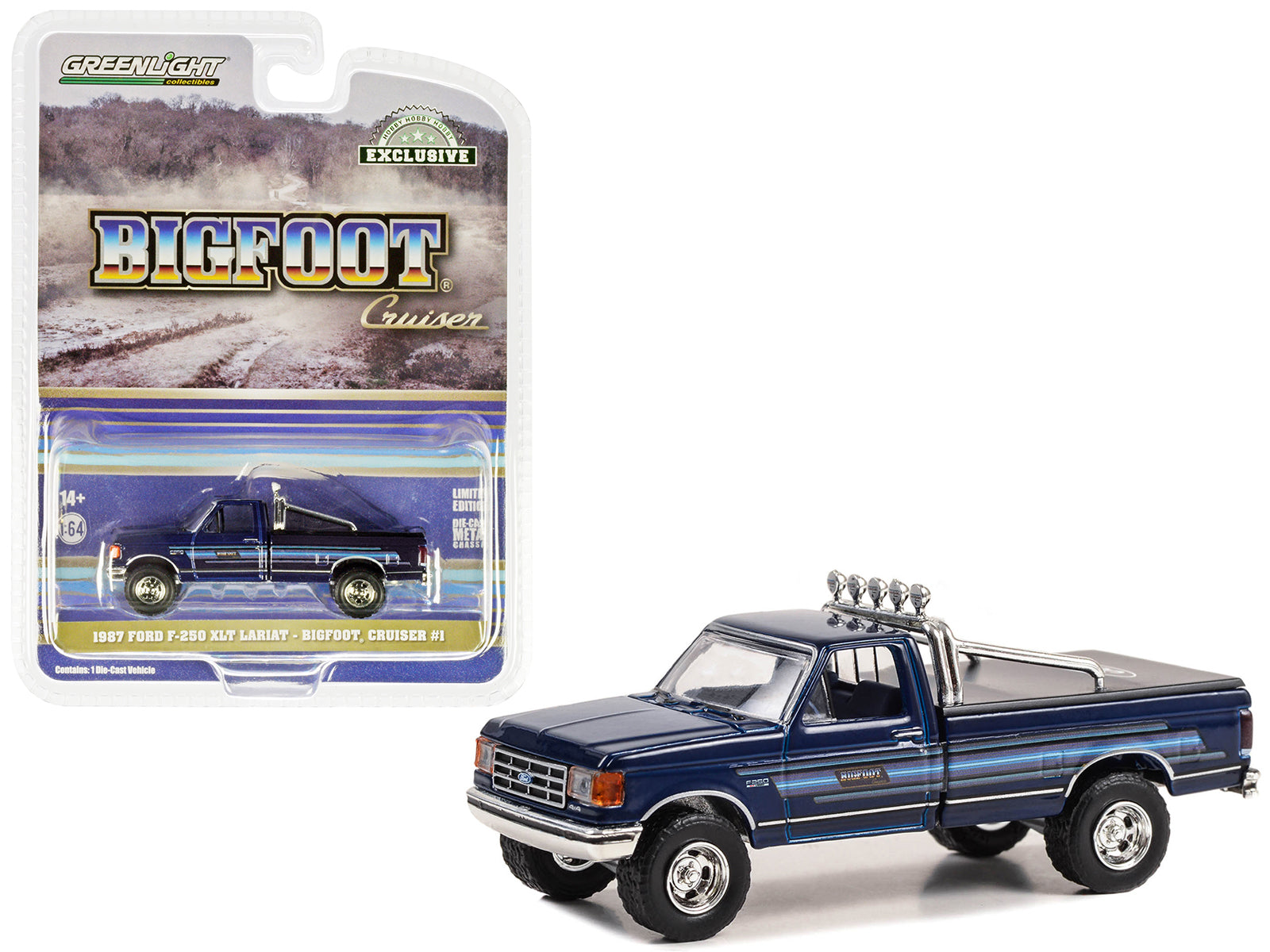 Brand new 1/64 scale diecast car model of 1987 Ford F-250 XLT Lariat Pickup Truck Blue with Stripes and Blue Interior Bigfoot Cruiser #1 Hob
