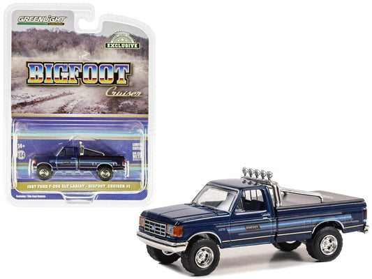 Brand new 1/64 scale diecast car model of 1987 Ford F-250 XLT Lariat Pickup Truck Blue with Stripes and Blue Interior Bigfoot Cruiser #1 Hob