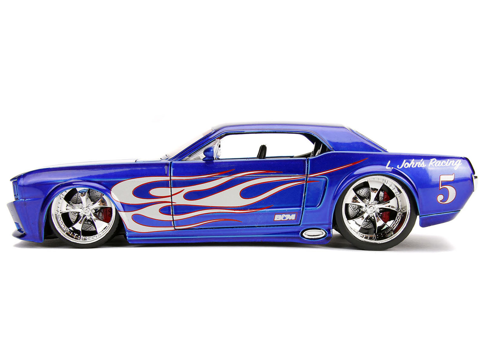 Brand new 1/24 scale diecast car model of 1965 Ford Mustang #5 "L. John's Racing" Candy Blue with Flame Graphics "Bigtim