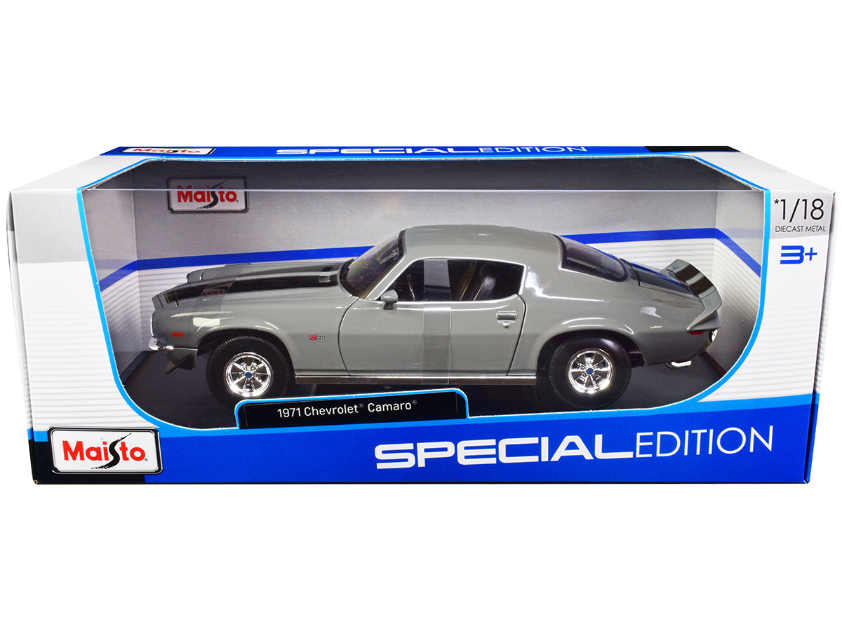 Brand new 1/18 scale diecast car model of 1971 Chevrolet Camaro Gray with Black Stripes Special Edition die cast model car by Maisto.
Brand