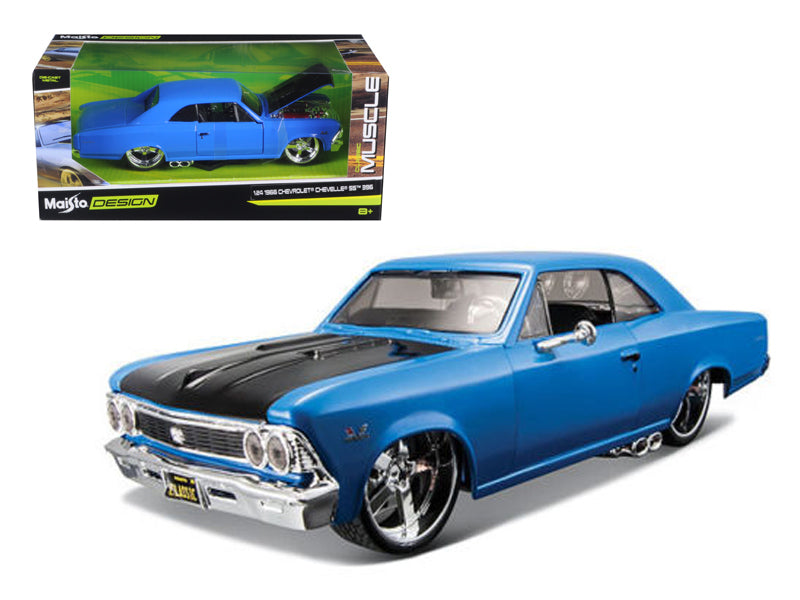Brand new 1/24 scale diecast car model of 1966 Chevrolet Chevelle SS 396 Blue with Black Hood Classic Muscle die cast model car by Maisto.
