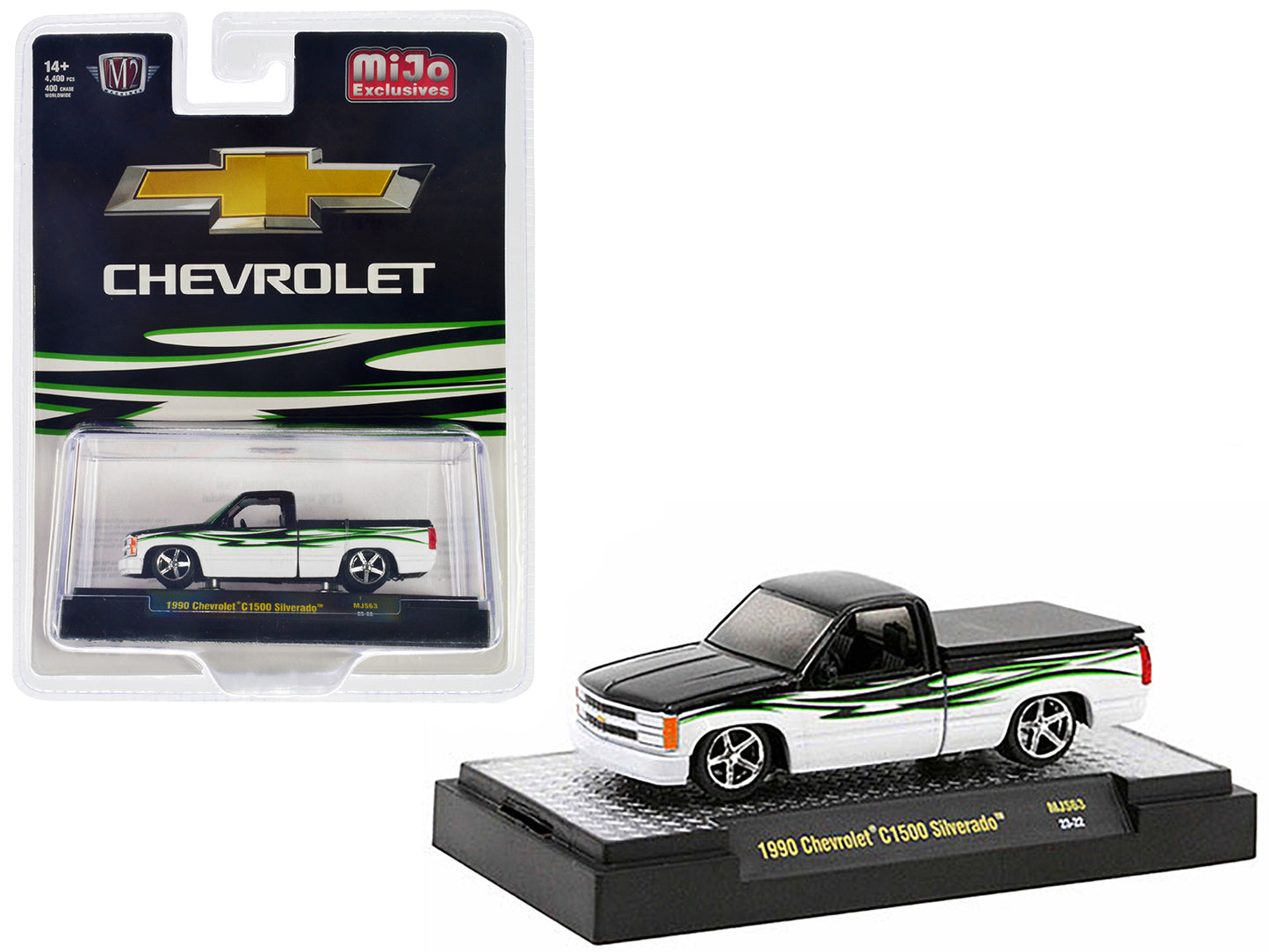 Brand new 1/64 scale diecast car model of 1990 Chevrolet C1500 Silverado Pickup Truck Black and White with Graphics Limited Edition to 4400 