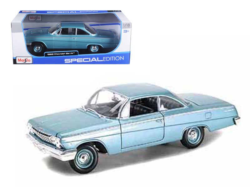 Brand new 1/18 scale diecast car model of 1962 Chevrolet Bel Air Turquoise die cast model car by Maisto.
Brand new box.
Real rubber tires.