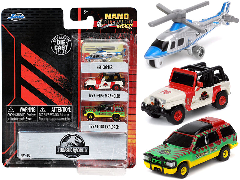 Brand new diecast models of Jurassic World 3 piece Set Nano Hollywood Rides die cast models by Jada.
Brand new box.
Detailed exteriors.
 