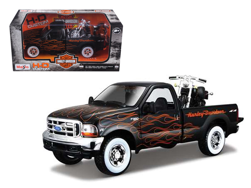 Brand new diecast models of 1999 Ford F-350 Super Duty Pickup Black with Flames 1/27 2002 Harley Davidson FLSTB Motorcycle Night Train 1/24 