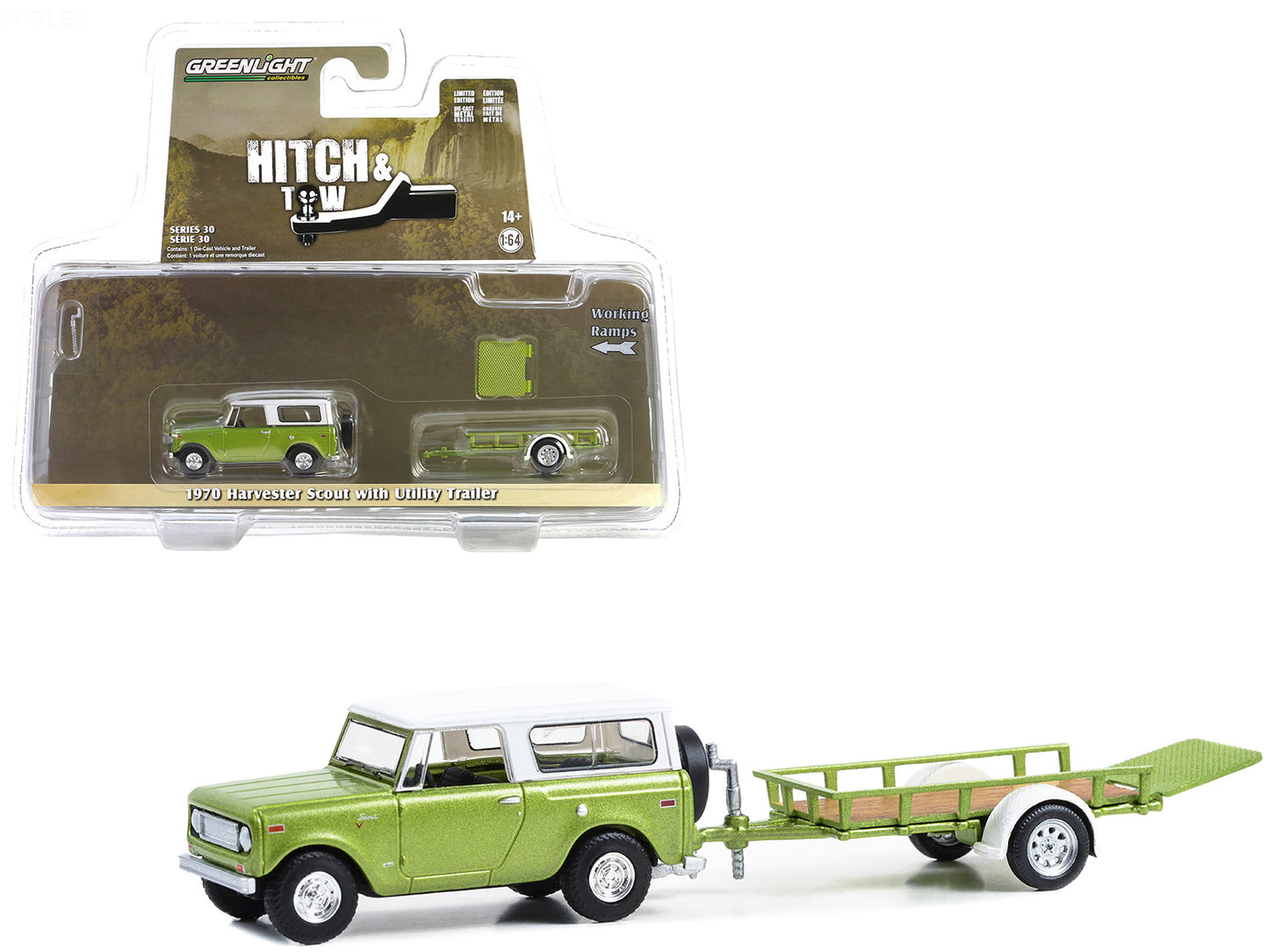 Brand new 1/64 scale diecast car model of 1970 Harvester Scout Lime Green Metallic with Alpine White Top and Utility Tra