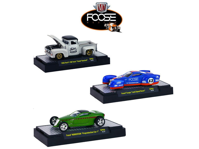  Brand new 1:64 scale diecast models of Chip Foose Release 3, 3 Cars Set WITH CASES by M2 Machines. 
 Limited Edition. 
 Brand New Box. 
