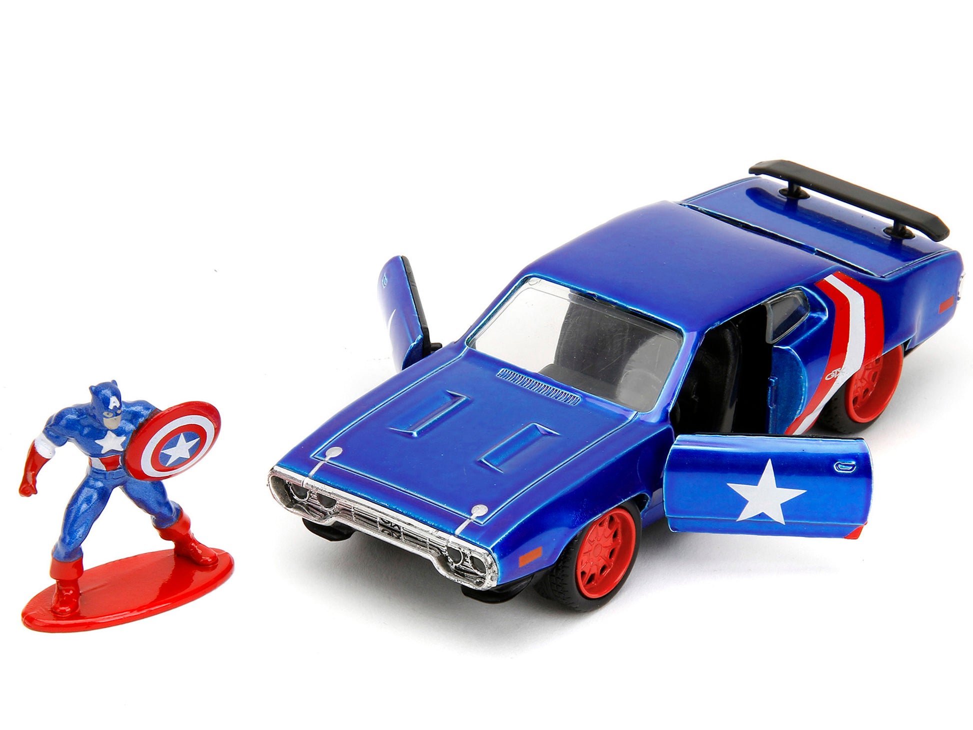 Brand new 1/32 scale diecast car model of 1972 Plymouth GTX Candy Blue with Red and White Stripes and Captain America Diecast Figure The Ave