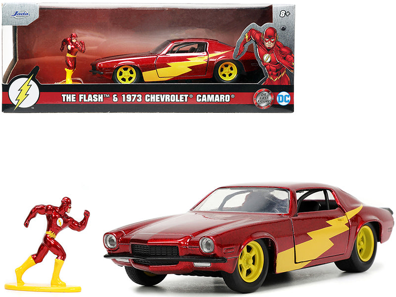 Brand new 1/32 scale diecast car model of 1973 Chevrolet Camaro Red Metallic with The Flash Diecast Figurine DC Comics Series Hollywood Ride