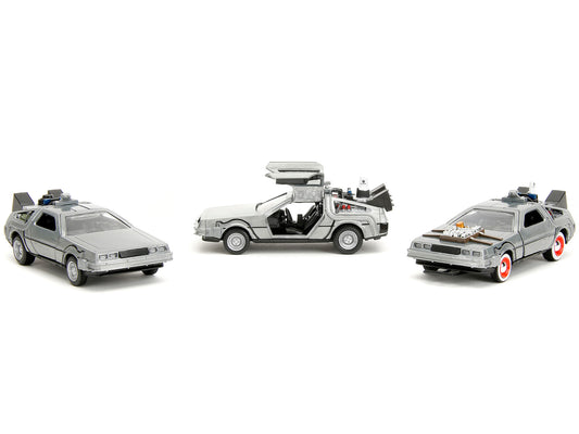 Brand new 1/32 scale diecast car models of Back to the Future Delorean Set of 3 pieces Hollywood Rides Series die cast model cars by Jada.
