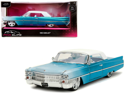Brand new 1/24 scale diecast car model of 1963 Cadillac Coupe DeVille Blue Metallic and White Gradient with White Top and Interior Pink Slip