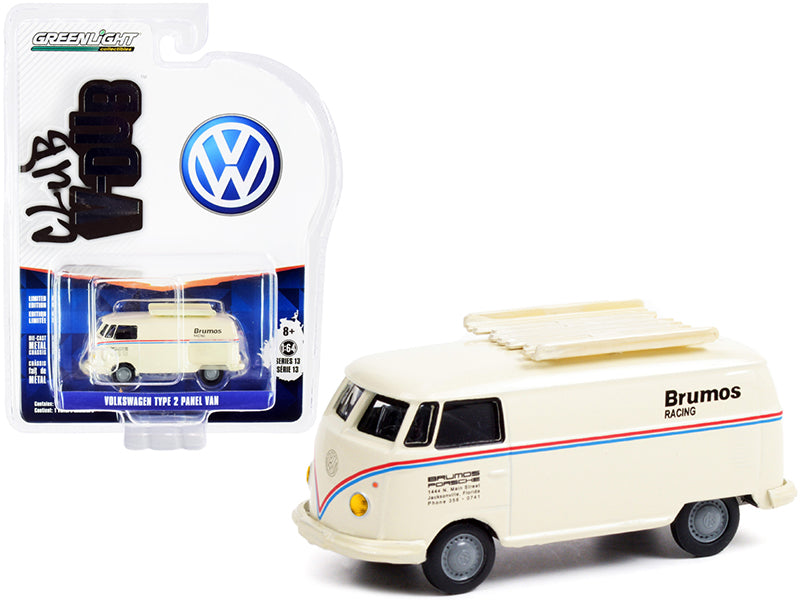 Brand new 1/64 scale diecast model of Volkswagen Type 2 Panel Van Brumos Racing Cream with Red and Blue Stripes Club Vee V-Dub Series 13 die