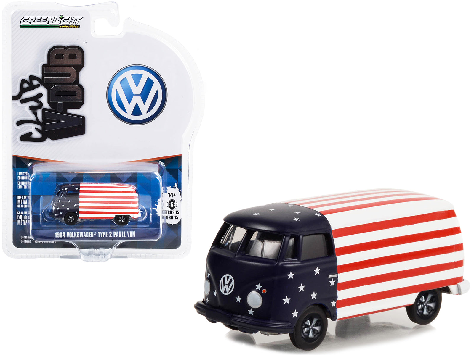 Brand new 1/64 scale diecast car model of 1964 Volkswagen Type 2 Panel Van American Flag Livery Club Vee V-Dub Series 15 die cast model car 
