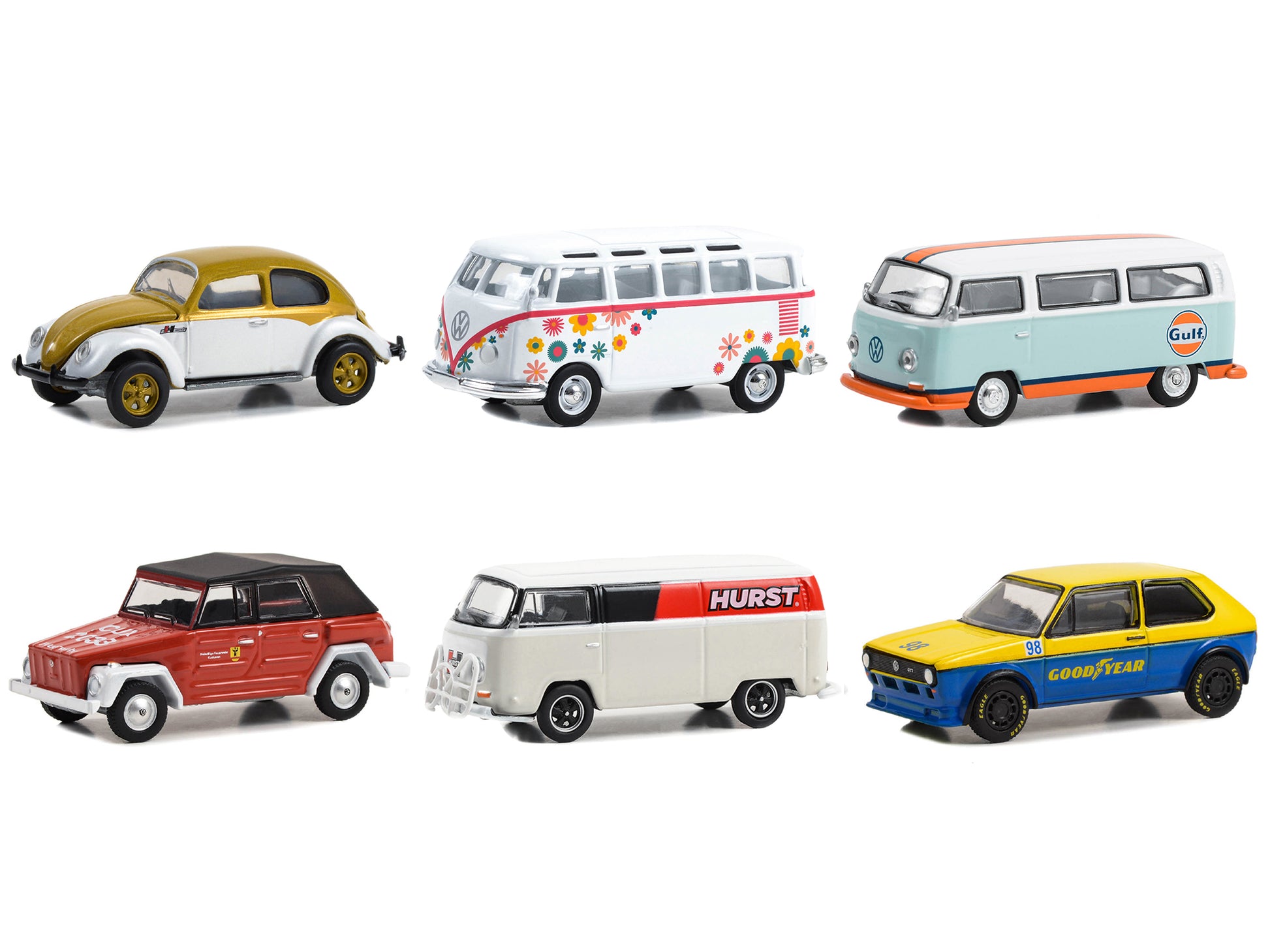 Brand new 1/64 scale diecast car models of Club Vee V-Dub Set of 6 pieces Series 17 die cast model cars by Greenlight.
Brand new boxes.
Li