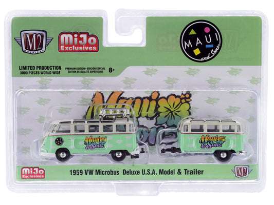 Brand new 1/64 scale diecast model of 1959 Volkswagen Microbus Deluxe U.S.A. with Roof Rack with Travel Trailer Light Green and Cream Maui a