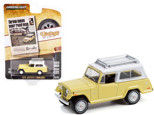Brand new 1/64 scale diecast car model of 1970 Jeep Jeepster Commando with Roof Rack Yellow with White Top Throw Away Your Road Map Vintage 
