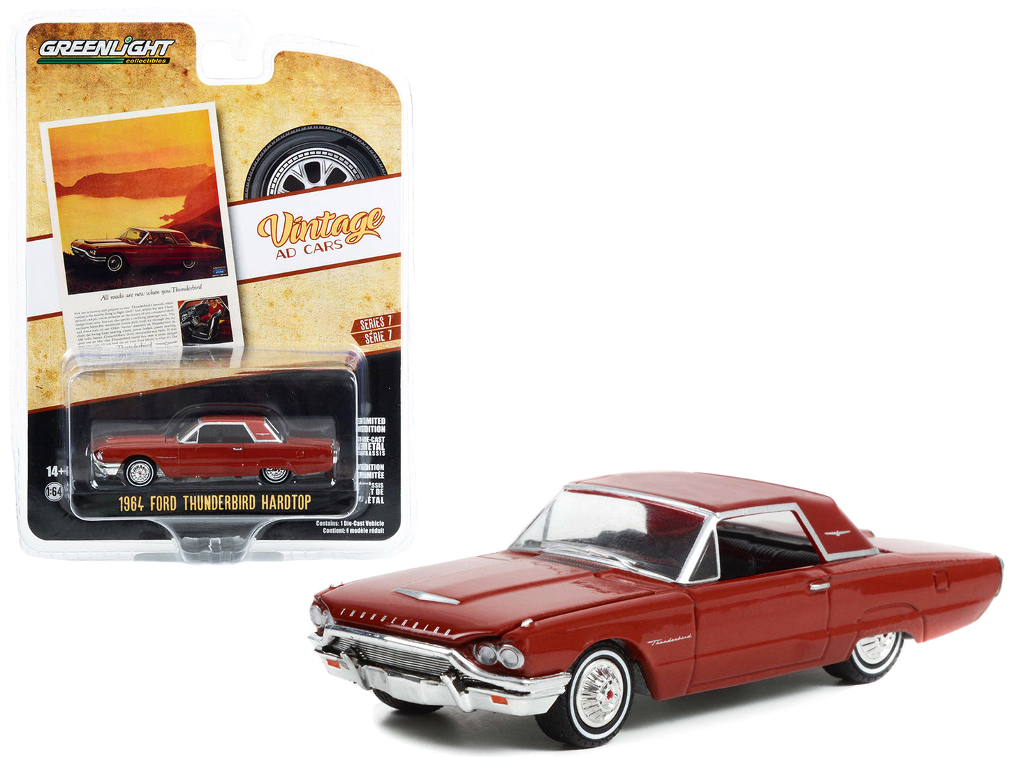 Brand new 1/64 scale diecast car model of 1964 Ford Thunderbird Hardtop Red All Roads Are New When You Thunderbird Vintage Ad Cars Series 7 