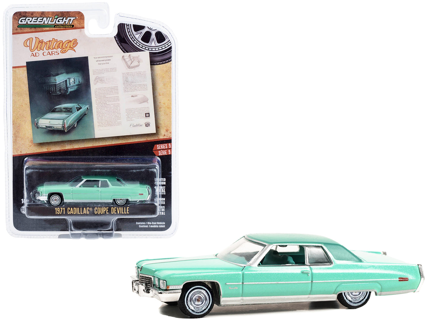 Brand new 1/64 scale diecast car model of 1971 Cadillac Coupe deVille Light Green Metallic with Green Interior Your Second Impression Will B