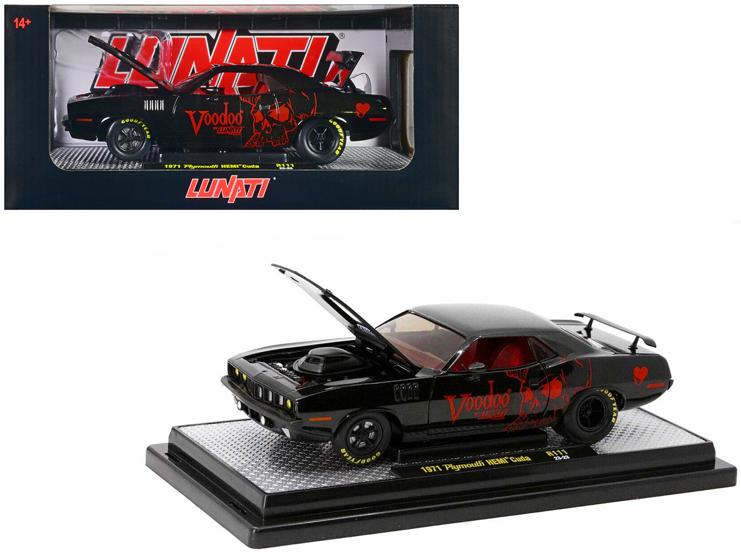 Brand new 1/24 scale diecast car model of 1971 Plymouth Hemi Barracuda Black Metallic with Red Interior "Voodoo by Lunat