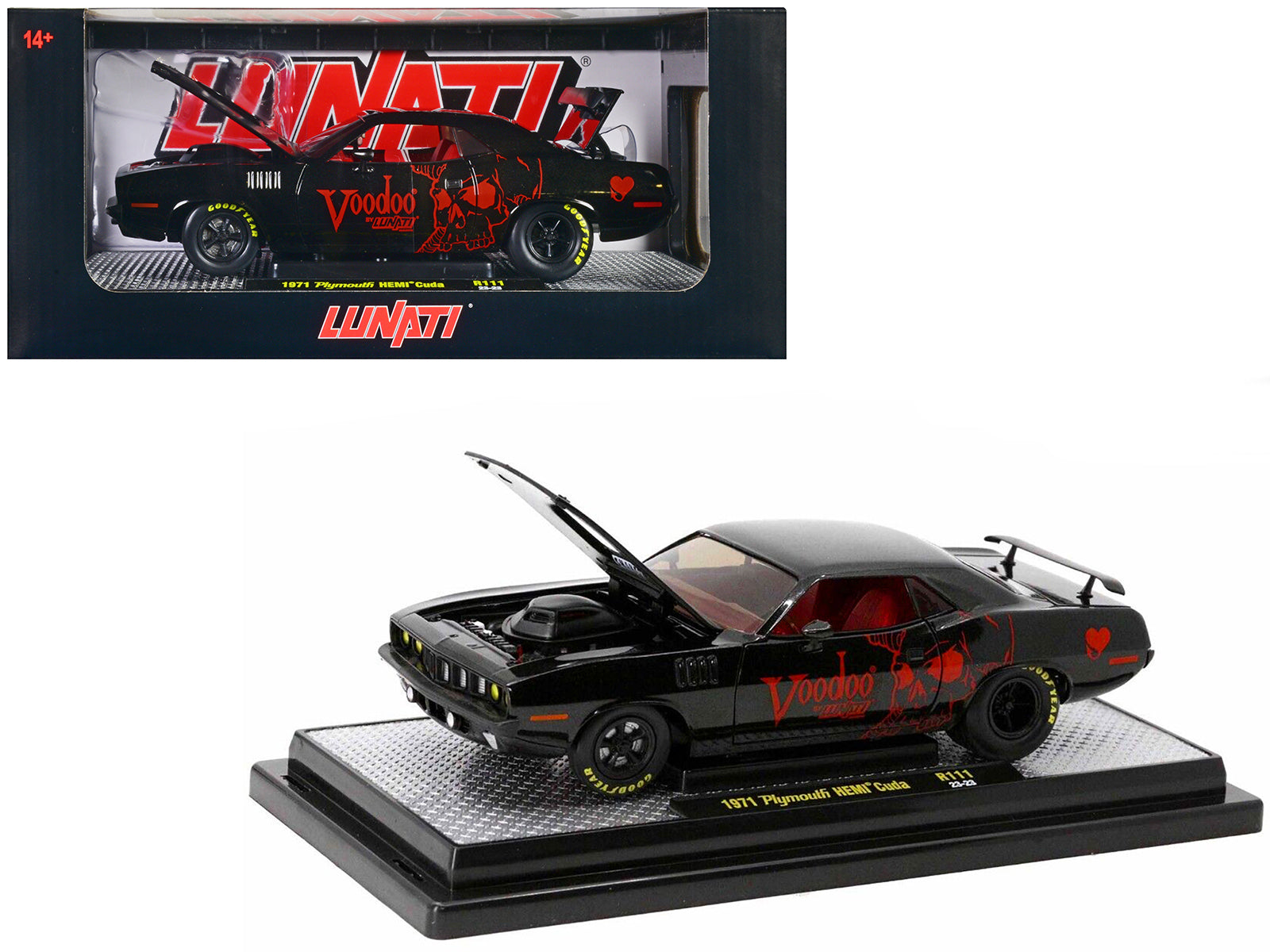 Brand new 1/24 scale diecast car model of 1971 Plymouth Hemi Barracuda Black Metallic with Red Interior "Voodoo by Lunat