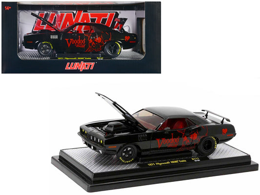 Brand new 1/24 scale diecast car model of 1971 Plymouth Hemi Barracuda Black Metallic with Red Interior "Voodoo by Lunat